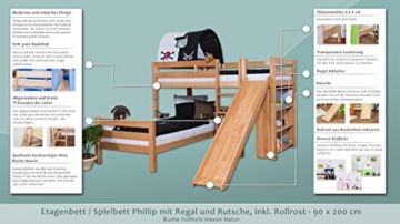 Kinderbett Etagenbett Moritz L Buche Vollholz massiv natur mit Regal und Rutsche, inkl. Rollrost - 90 x 200 cm, teilbar - 2