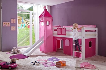 Relita BH1011117+TX5012032+TX5032022-M1 Halbhohes Spielbett Alex mit Rutsche/Turm, Maße 210 x 113 x 220 cm, Liegefläche 90 x 200 cm, Buche massiv weiß lackiert, Stoffset rosa/Herz - 2