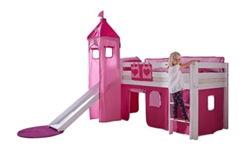 Relita BH1011117+TX5012032+TX5032022-M1 Halbhohes Spielbett Alex mit Rutsche/Turm, Maße 210 x 113 x 220 cm, Liegefläche 90 x 200 cm, Buche massiv weiß lackiert, Stoffset rosa/Herz - 1