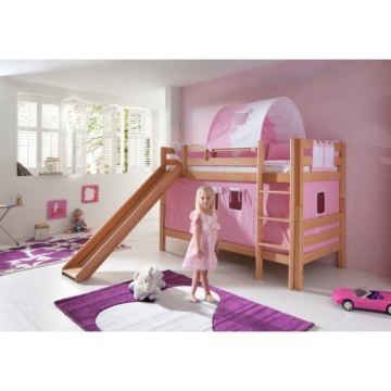 Relita Etagenbett Bill, Buche Natur massiv, mit Rutsche + Stoffset rosa-wei - 1