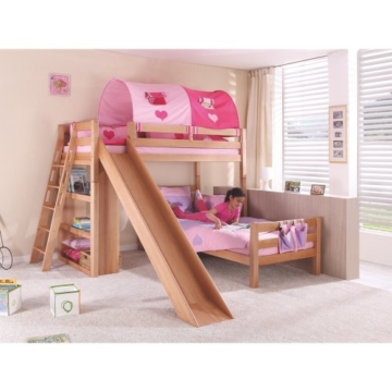 Relita Etagenbett Sky, Buche massiv natur mit Rutsche + Stofftunnel pink-rosa - 2