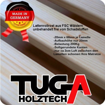 TUGA-Holztech Massivholz 20mm Rollrost Lattenrost Liegefläche 90x200cm bis weit über 200Kg Flächenlast Qualitätsarbeit aus Deutschland unbehandeltes Naturprodukt Garantie 5 Jahre - 2