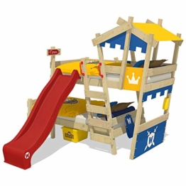 WICKEY Etagenbett CrAzY Castle Doppel-Kinderbett 90x200 Hochbett mit Rutsche, Treppe, Dach und Lattenboden, blau-gelb + rote Rutsche - 1
