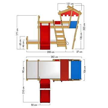 WICKEY Etagenbett CrAzY Castle Doppel-Kinderbett 90x200 Hochbett mit Rutsche, Treppe, Dach und Lattenboden, blau-gelb + rote Rutsche - 4