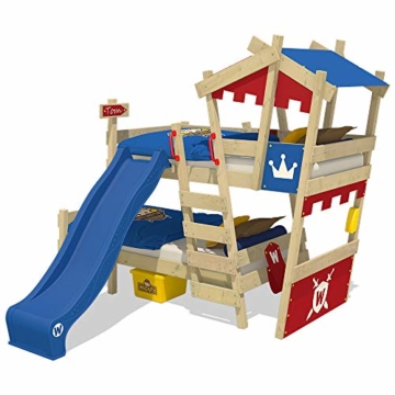 WICKEY Etagenbett CrAzY Castle Doppel-Kinderbett 90x200 Hochbett mit Rutsche, Treppe, Dach und Lattenboden, rot-blau + blaue Rutsche - 1