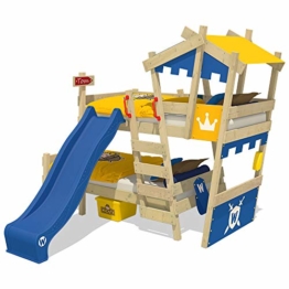 WICKEY Etagenbett CrAzY Castle Doppel-Kinderbett 90x200 Hochbett mit Rutsche, Treppe, Dach und Lattenboden, blau-gelb + blaue Rutsche - 1