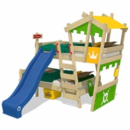 WICKEY Etagenbett CrAzY Castle Doppel-Kinderbett 90x200 Hochbett mit Rutsche, Treppe, Dach und Lattenboden, apfelgrün-gelb + blaue Rutsche - 1