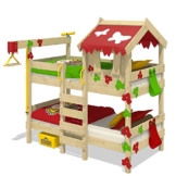 WICKEY Etagenbett CrAzY Ivy Spielbett für 2 Kinder Hochbett mit Dach, Kletterleiter und Lattenboden, rot-apfelgrün, 90x200 cm - 1