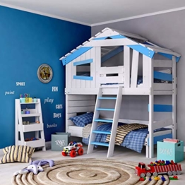 BIBEX Jugend- und Kinderbett, Doppelbett, Etagenbett, Spielhaus in zartem Creme-weiß/Himmel-blau (mit Unterbett, mit Tür) - 1