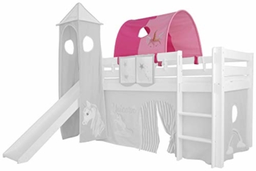 XXL Discount Tunnel für Kinderbett 100% Baumwolle Baldachin Dach Bettdach Himmel für Hochbett Spielbett Etagenbett Kinderbett (Rosa/Pink, Einhorn, Weiße Holzhalter) - 1