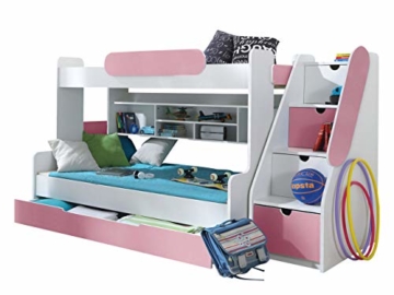Etagenbett Segan Hochbett mit Bettkasten, Farbauswahl, Modern Bett für Kinderzimmer (Weiß/Rosa, ohne Matratze) - 1