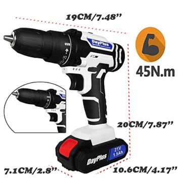 21V Akkuschrauber Set, Weiß Akku bohrschrauber mit 2 Akkus 1,5Ah und Ladegerät, 25+1 Drehmomentstufen, 45Nm Max schlagbohrschrauber, 2-Gang & LED, 26PCS Zubehöre Set für Haus und Garten DIY Projekt - 3