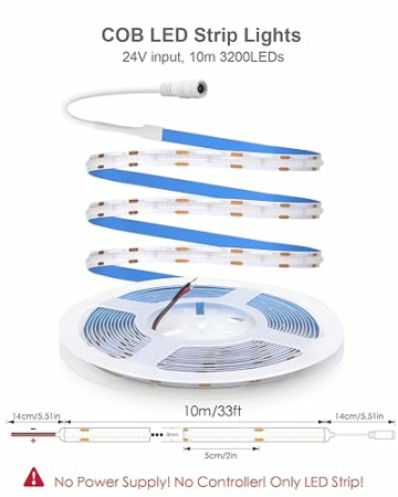 ALITOVE COB LED Streifen 24V Blau Flexibel LED Lichtstreifen 10m Selbstklebend 320LEDs/M Nicht Wasserdicht IP30 für DIY Innenbeleuchtung Heimdekoration (Ohne Netzteil und Dimmer) - 2