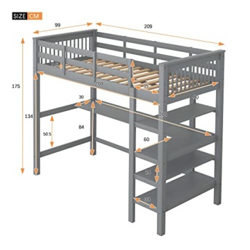 Becag Kinderbett Hochbett 90x200, Holzbett Bettgestell mit Unterbettschreibtisch und 4 Regalen Stauraum, Einzelbett mit Rausfallschutz und Lattenrost, Holzrahmenbett Jugendbett, Ohne Matratze, Grau - 2