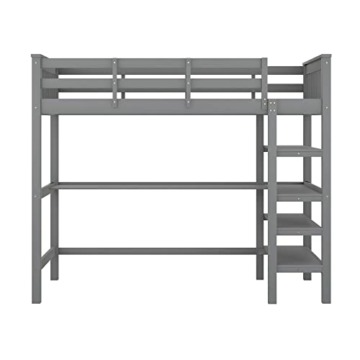 Becag Kinderbett Hochbett 90x200, Holzbett Bettgestell mit Unterbettschreibtisch und 4 Regalen Stauraum, Einzelbett mit Rausfallschutz und Lattenrost, Holzrahmenbett Jugendbett, Ohne Matratze, Grau - 5