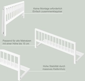 Bellabino Yuna Rausfallschutz für Kinder aus Kiefer Massivholz, klappbares Bettgitter für Reisen, 90 x 37 x 33 cm, Bettschutzgitter für Kleinkinder und Babys, weiß lackiert - 6