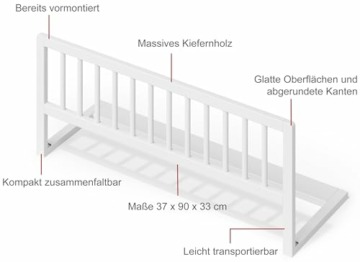 Bellabino Yuna Rausfallschutz für Kinder aus Kiefer Massivholz, klappbares Bettgitter für Reisen, 90 x 37 x 33 cm, Bettschutzgitter für Kleinkinder und Babys, weiß lackiert - 7