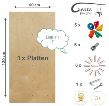 Create for you® - Kletterwand Kinderzimmer + 5 Klettersteine - Kletterwand für Kinder Indoor - Klettergerüst und Spielgeräte Indoor - Klettern mit Klettergriffe für Kinder - 120x60 cm - 2