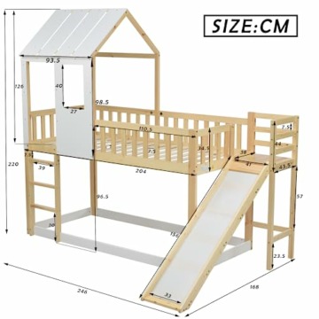 FEZTOY Etagenbett mit Leiter und Rutsche, Hausbett mit Dach und Fenster, Kinderbett Stockbett mit Fallschutz und Gitter, Rahmen aus Kiefer, 1x Lattenrost, 90x200cm - 2