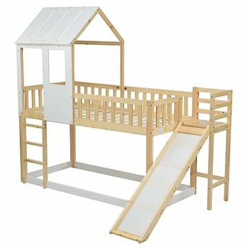 FEZTOY Etagenbett mit Leiter und Rutsche, Hausbett mit Dach und Fenster, Kinderbett Stockbett mit Fallschutz und Gitter, Rahmen aus Kiefer, 1x Lattenrost, 90x200cm - 4