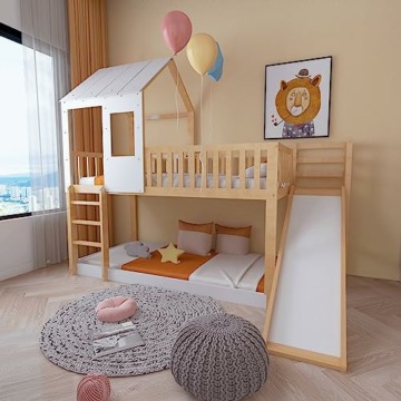 FEZTOY Etagenbett mit Leiter und Rutsche, Hausbett mit Dach und Fenster, Kinderbett Stockbett mit Fallschutz und Gitter, Rahmen aus Kiefer, 1x Lattenrost, 90x200cm - 1