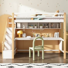 FEZTOY Hochbett mit Bücherregal und Stauraumtreppe für Kinder, Kinderbett mit Schreibtisch, inklusive Lattenrost, 90x200cm, Bettgestell, für Jungen und Mädchen, - 1