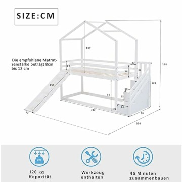 FEZTOY Kinder Bett mit Rutsche, Hausbett 90x200, Etagenbett für Kinder, Hochbett Baumhaus mit Stauraum Treppe und 1 Lattenrost, Kinderbetten, Spielbett, Jugendbett, ohne matratze (weiß-Schließfächer) - 2