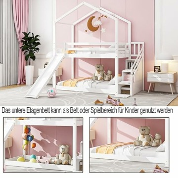 FEZTOY Kinder Bett mit Rutsche, Hausbett 90x200, Etagenbett für Kinder, Hochbett Baumhaus mit Stauraum Treppe und 1 Lattenrost, Kinderbetten, Spielbett, Jugendbett, ohne matratze (weiß-Schließfächer) - 3