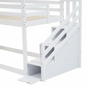 FEZTOY Kinder Bett mit Rutsche, Hausbett 90x200, Etagenbett für Kinder, Hochbett Baumhaus mit Stauraum Treppe und 1 Lattenrost, Kinderbetten, Spielbett, Jugendbett, ohne matratze (weiß-Schließfächer) - 6