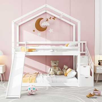 FEZTOY Kinder Bett mit Rutsche, Hausbett 90x200, Etagenbett für Kinder, Hochbett Baumhaus mit Stauraum Treppe und 1 Lattenrost, Kinderbetten, Spielbett, Jugendbett, ohne matratze (weiß-Schließfächer) - 9