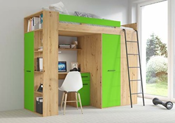 FurnitureByJDM Hochbett mit Schreibtisch, Kleiderschrank und Bücherregal - VERANA R - (Eiche Artisan/Grün) - 2