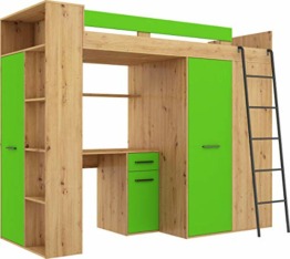 FurnitureByJDM Hochbett mit Schreibtisch, Kleiderschrank und Bücherregal - VERANA R - (Eiche Artisan/Grün) - 1