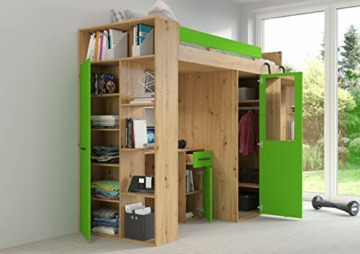 FurnitureByJDM Hochbett mit Schreibtisch, Kleiderschrank und Bücherregal - VERANA R - (Eiche Artisan/Grün) - 5