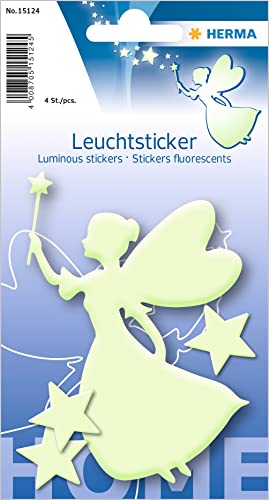 HERMA 15124 Leuchtsterne Kinderzimmer, 4 Stück, selbstklebend, leuchtende Fee Elfe Prinzessin Aufkleber Wandsticker, Leuchtsticker aus Plastik zur Sternenhimmel Dekoration für Kinder Mädchen Jungen - 1