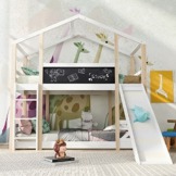 HESHU Etagenbett für 2 Kinder, Kinderbett Baumhaus mit Rutsche & Leiter, 90x200cm, Hochbett für Kinder– 2X Lattenrost, Funktionsbett Stockbett Jugendbett (Weiß mit Rutsche) - 1