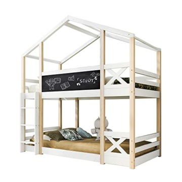 HESHU Etagenbett für 2 Kinder, Kinderbett Baumhaus mit Rutsche & Leiter, 90x200cm, Hochbett für Kinder– 2X Lattenrost, Funktionsbett Stockbett Jugendbett (Weiß mit Rutsche) - 9