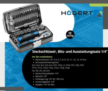 Högert Technik - Werkzeugset I Steckschlüssel, Bits und Ausstattung 1/4” I Legiertem Chrom-Vanadium-Stahl I Gesenkgeschmiedet I Ratschenmechanik mit 72 Sperrklinken I HT1R462-38-tlg - 4