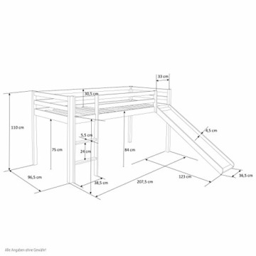 Homestyle4u 1542, Kinderbett Hochbett 90x200 mit Treppe Rutsche Vorhang Pirat Weiß Schwarz Bettgestell Massivholz Kiefer - 2