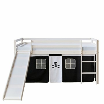 Homestyle4u 1542, Kinderbett Hochbett 90x200 mit Treppe Rutsche Vorhang Pirat Weiß Schwarz Bettgestell Massivholz Kiefer - 3