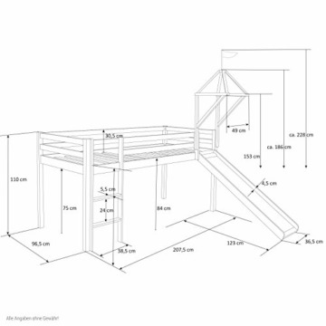 Homestyle4u 1575, Kinder Hochbett Mit Rutsche, Leiter, Turm,Tunnel, Vorhang Rosa, Massivholz Weiß, 90x200 cm - 3