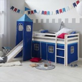 Homestyle4u 521, Kinderbett Hochbett 90x200 Weiß mit Rutsche Treppe Turm Vorhang Blau Bettgestell Holz Kiefer - 1