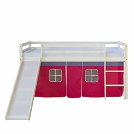 Homestyle4u 540, Kinderbett 90x200 cm Weiß Kinder Hochbett mit Rutsche Vorhang Pink Bettgestell Holz Kiefer Kinderzimmer - 1