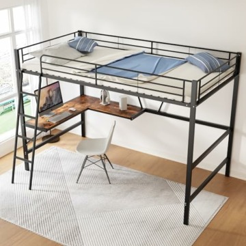 Idemon 90x200cm Bettgestell Metallbett, Eisenbett, Hochbett mit L-förmigem Schreibtisch und einem Regal für Kinder, Jugendliche und Erwachsene, schwarz - 1