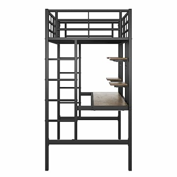 Idemon Bettgestell Metallbett, Eisenbett, Hochbett mit Schreibtisch und Zwei Bücherregalen für Kinder, Jugendliche und Erwachsene, 90x200cm, schwarz - 4