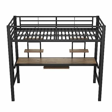 Idemon Bettgestell Metallbett, Eisenbett, Hochbett mit Schreibtisch und Zwei Bücherregalen für Kinder, Jugendliche und Erwachsene, 90x200cm, schwarz - 7