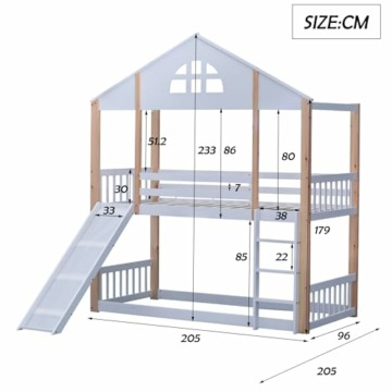 Idemon Etagenbett mit charakteristischen Fenstern und dreistufige Winkelzugleiter, Kinderbett mit Rutsche, Hausbett mit Zäunen und Fallschutz, Bettrahmen aus Massivholz, Weiß+Natur, 90x200cm - 2