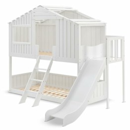 Juskys Kinderbett Baumhaus 90 x 200 cm mit Dach, Rutsche & Leiter - Etagenbett Weiß für Kinder - 2X Lattenrost bis 150 kg - Hausbett aus Massivholz - 1