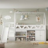 KecDuey Kinderbett 90x200cm, Einzelbett, multifunktionales Hochbett,mit Rutsche und Treppen, mit Schubladen und Schließfach,mit magnetischer Tür,ohne Matratze, massivholz - 1