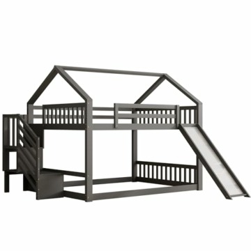 Kehun Kinderbett Etagenbett 140x200 cm für 2-4 Kinder, Doppelbett Hochbett Hausbett mit Stauraum Treppe und Rutsche, Holzbett mit Rausfallschutz und Lattenrost aus Holz, Grau, Ohne Matratze - 5