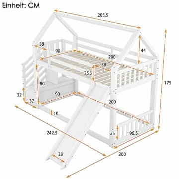 Kehun Kinderbett Etagenbett 90x200 cm für 2 Kinder, Hochbett Hausbett mit Stauraum Treppe und Rutsche, Holzbett mit Rausfallschutz und Lattenrost aus Holz, Weiß, Ohne Matratze - 2